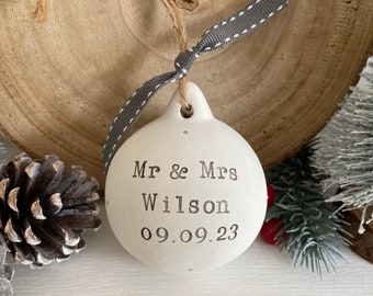 Personalised Mr and Mrs bauble | Newlyweds Christmas decoration | First Christmas married | hand stamped ceramic bauble | wedding gift