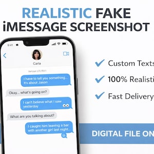 May include: A smartphone shows a realistic fake iMessage screenshot. The text conversation includes messages about Jason and a bar. The image also includes the text "Custom Texts," "100% Realistic," and "Fast Delivery."