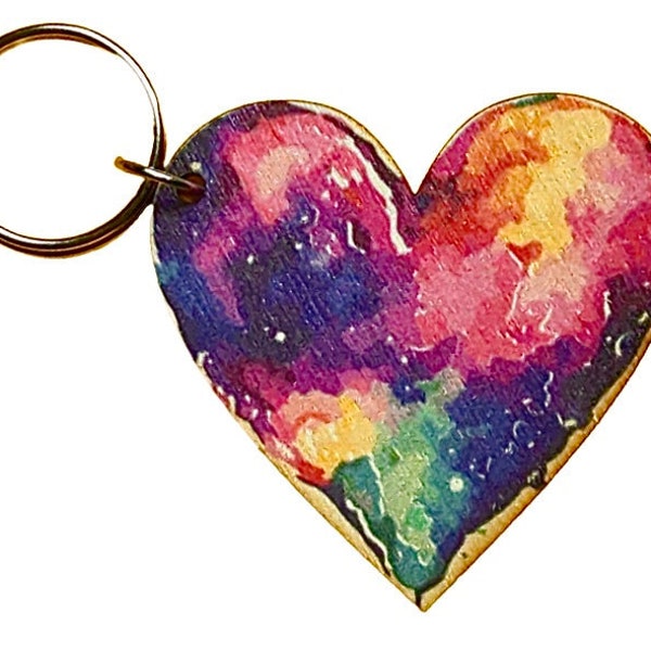 Adorable Colorful Printed Birchwood Keychain Backpack Gift Hippie Kitchen Magnet Refrigerator Workspace Love USA Made Tie Dye Rainbow Heart