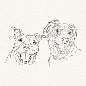 Custom Two Pet Line Drawing from Photo: Dog & Cat Digital Art Portrait Sketch
