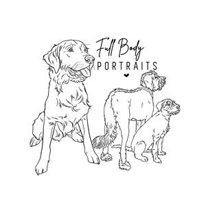 Line drawing of three dogs standing in different angles, full-body view. Simple black lines over white background.