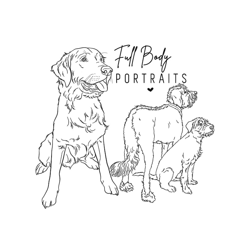 Line drawing of three dogs standing in different angles, full-body view. Simple black lines over white background.