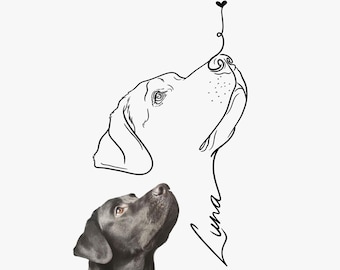 Personalized Fine Line Pet Tattoo Design, Digital Hand Drawn Dog Silhouette Memorial Portrait