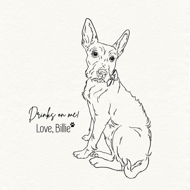 The image shows a custom pet line drawing featuring a dog in full body, used as a wedding napkin design.