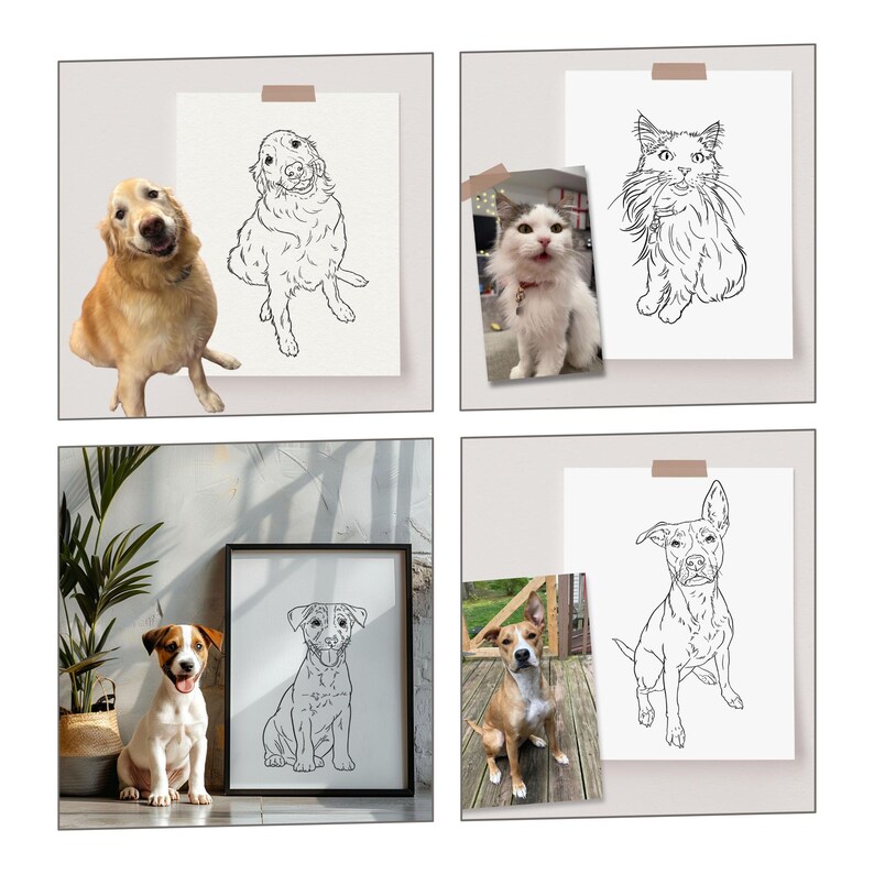 Comparison of the original photo with four pets and their individual full-body line art portraits.