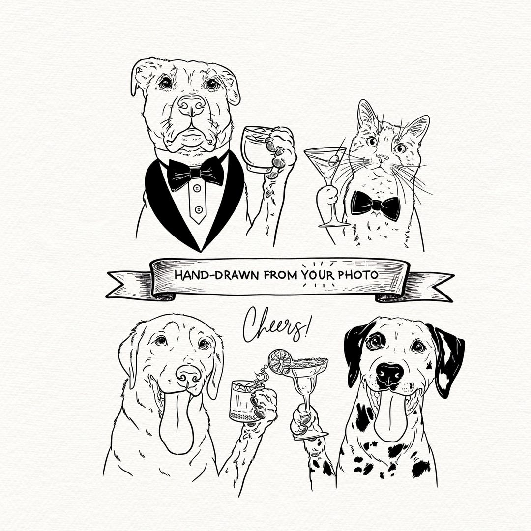 Custom Pet Portrait With Cocktail, Hand-drawn Line Art, Digital