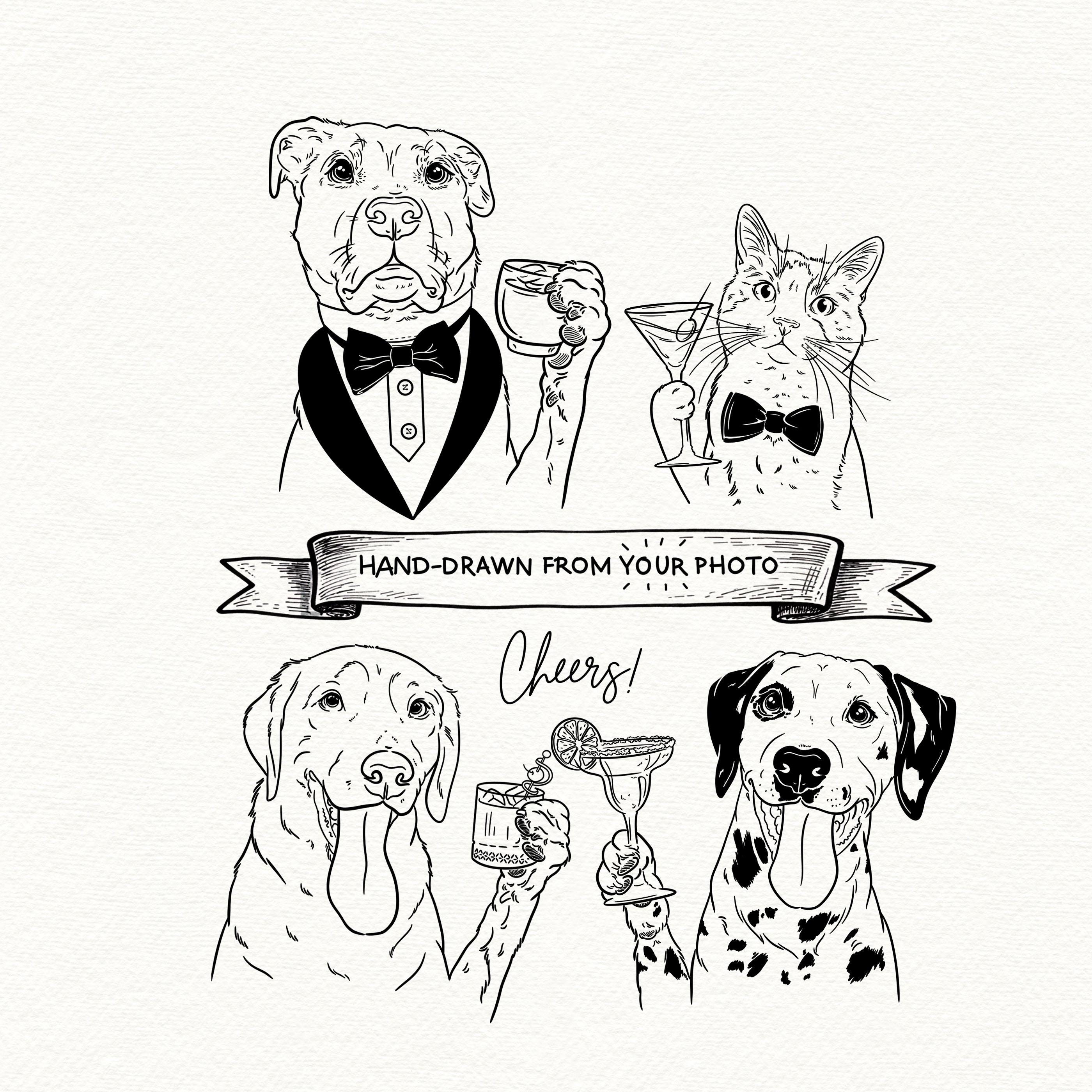 Custom Pet Portrait With Cocktail, Hand-drawn Line Art, Digital