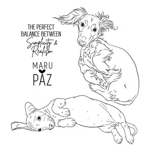 Full-body tattoo design of a pair of Dachshund dogs lying on its back. Minimalist black sketch on white background.