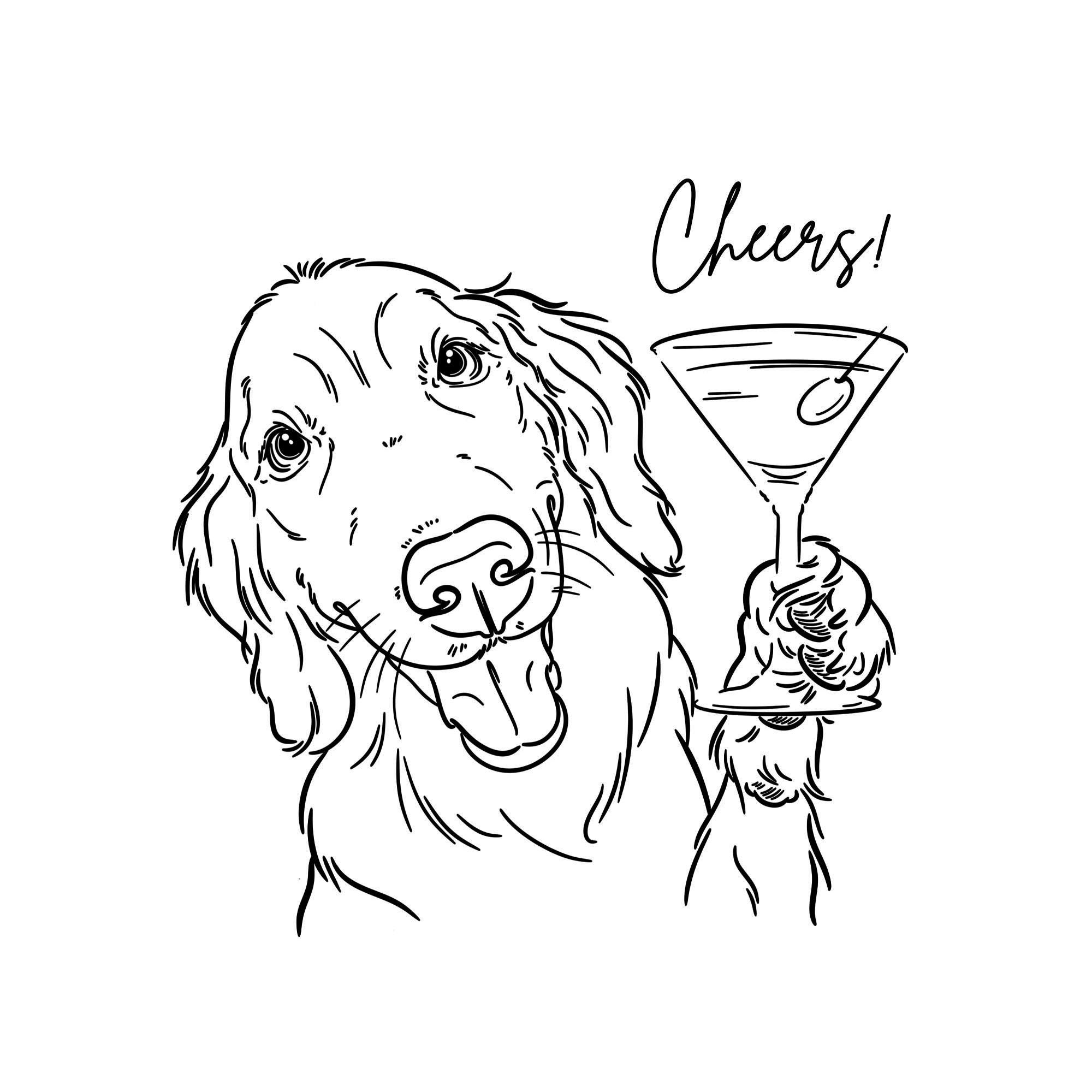 Custom Pet Drawing Holding Martini Glass – Dog or Cat Portrait for Cocktail Wedding Napkins and Signature Drinks, Line Art Sketch from Photo