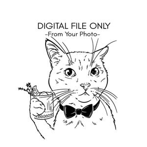 Custom Pet Line Art Portrait from Photo: Dog or Cat with Drink - Martini Beer Wine Whiskey Margarita - Wedding Bar Menu & Cocktail Napkin