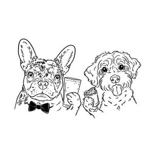 Custom Two-Pet Digital Drawing from Photo: Dog or Cat with Drink - Martini Beer Wine Whiskey - Wedding Bar Menu & Cocktail Napkin Art