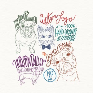 Pode incluir: Uma coleção de ilustrações desenhadas à mão com um bulldog com o texto The Barking Batch, um gato com laço e o texto Gatito Mimo So, um dachshund com o texto Hudson Valley Dachshund Meet-up e um rosto de cão com o texto Dough Paws.