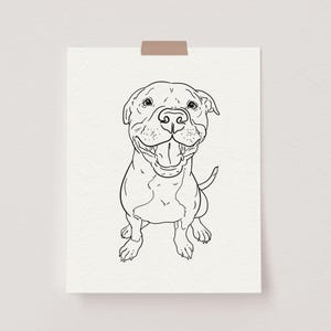 The image shows a custom pet line drawing featuring a Staffy dog in full body.
