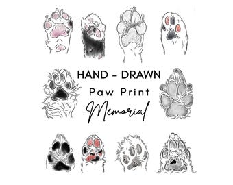 May include: A collection of ten detailed, hand-drawn animal paw prints in black ink with subtle pink and grey shading. The text "HAND - DRAWN Paw Print Memorial" is centered among the illustrations, featuring a mix of print and script fonts.