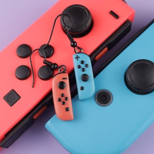 May include: A pair of earrings featuring miniature Nintendo Switch Joy-Con controllers. One earring is red and the other is blue.