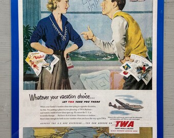 1954 TRANs WORLD AiRLiNES Advertisement TWA Original Retro Airline Ad Let TWA/'s wings work wonders wtih your vacation