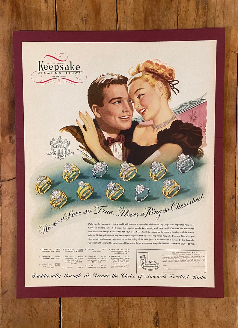 Framed 1947 Keepsake Diamond Rings advertisement Etsy