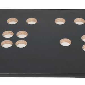 May include: A black arcade control panel with pre-drilled holes for buttons and a joystick. The panel has a rectangular shape with rounded corners and is made of a smooth, solid material. The holes are evenly spaced and ready for button and joystick installation.