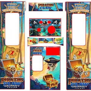 May include: A colourful arcade game cabinet with a pirate theme. The cabinet features a large image of a pirate skull and crossbones, a treasure chest, and the text "Pirates Claw Arcade".