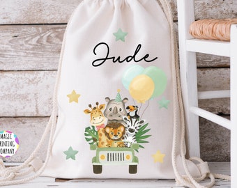 Bolsa de cordón personalizada de safari en la jungla: bolsa para guardería, regalo de bautizo, regalo de primer cumpleaños, baby shower, bolsa de natación y educación física, bolsa de pañales