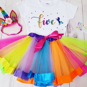 Girls Rainbow Birthday unicorn outfit dress Tutu Skirt party decoration Magical dance set Headband T-shirt 1 to age 8