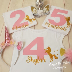 Girls Unicorn Birthday T-shirt Top Outfit- Personalised with any name, Unicorn gift, girls gift, Unicorn birthday outfit - Pink- horse gift