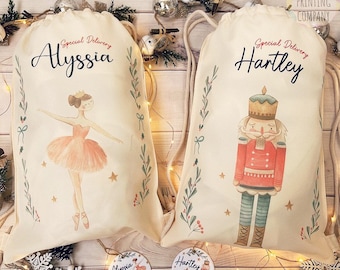 Personalised Santa sack Nutcracker Christmas gift bag Xmas eve Treat Bag Christmas Stocking gift Wrap decoration Ballerina bauble fairy kids