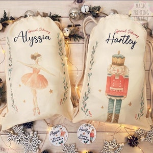 Saco de Papai Noel personalizado, quebra-nozes, sacola de presente de Natal, saco de guloseimas de véspera de Natal, meia de Natal, embrulho de presente, decoração, enfeite de bailarina, fada, crianças