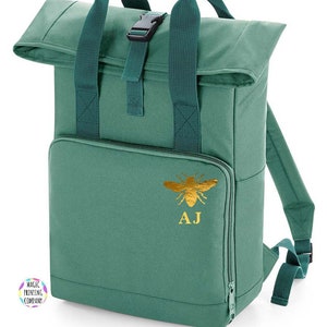 Bee Backpack Personalised with initials Twin Handle Roll Top Backpack, Recycled Bag Bee Logo-Roll top bag - Mum gift -Travelling backpack