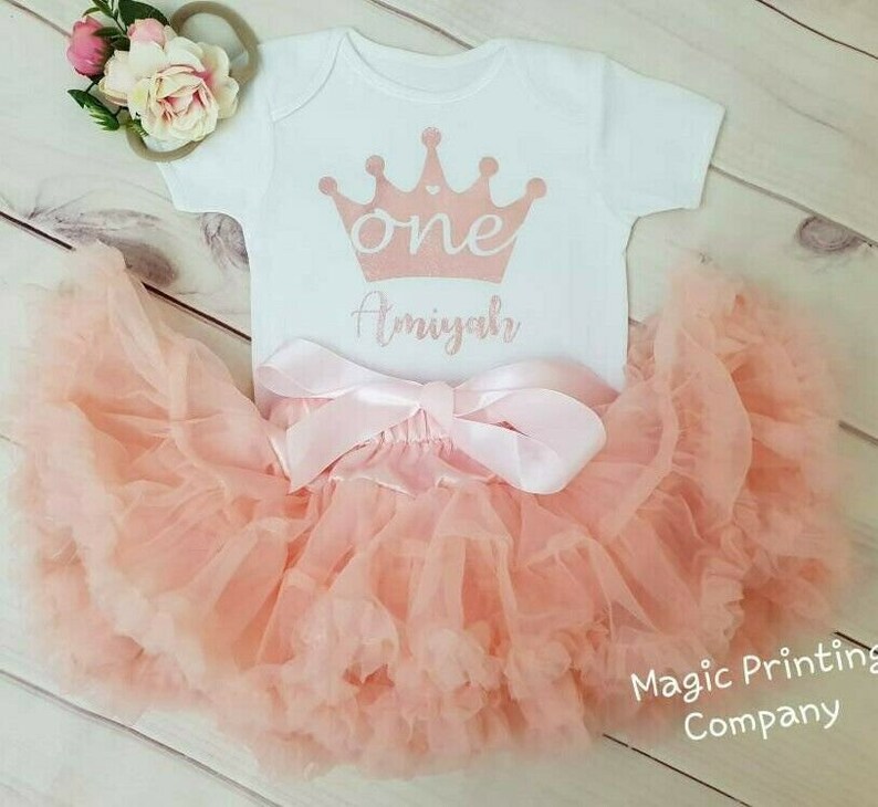 Personalized Girls 1st Birthday Outfit - Baby Tutu Dress Cake Smash Set In Peachy Pink Rose Gold 6 thumbnail image