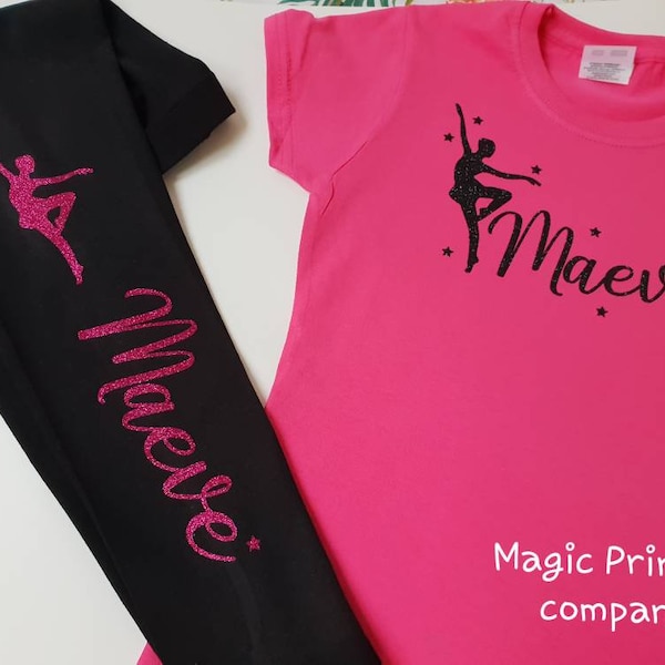 Personalised Dance Leggings & T-shirt top  Ballet Footless Tights Dancewear Gift Dancer Jazz ANY NAME dance bag Glitter pink black