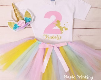 Pastel Any name Baby Girls 1st / 2nd Birthday outfit Unicorn Tshirt Tutu & Headband party Dress fancy dress Personalised Baby Ballet