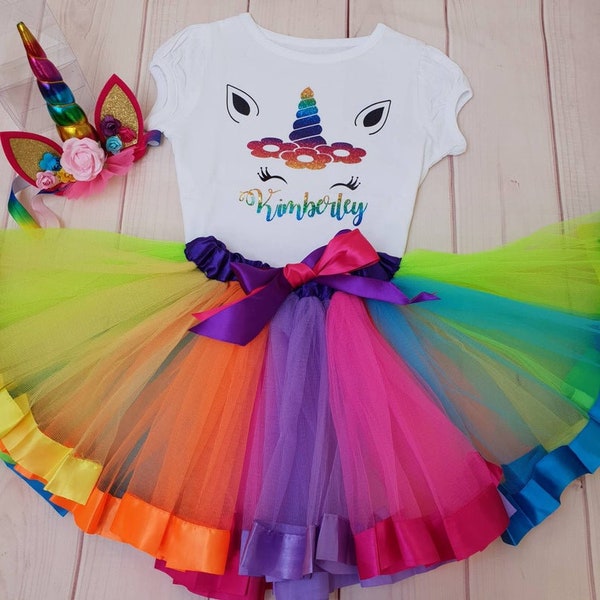 Girls Unicorn Birthday outfit party dress Tutu Top T-shirt 1st 2nd 3rd 4th 5th 6th 7th personalised rainbow cake smash party outfit t shirt