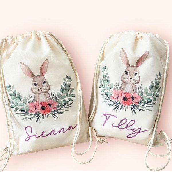 Personalised Drawstring Bag -Easter gift, bunny bag Kids School Bag girls Personalised Gym Bag - Swimming Bag - Back to School -PE Bag -Kit