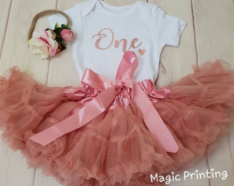 Vestito per il primo compleanno in oro rosa, rosa scuro, per torta