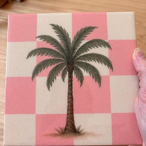 Pink Checkered Palm Tree Tile – 15x15cm Ceramic Tile for Kitchen, Bathroom or Coasters - boho tiles decoration splashback - fireplace