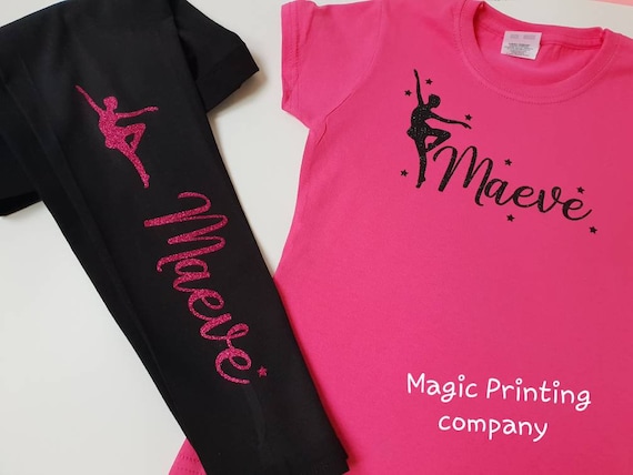 Personalised Dance Leggings & T-shirt Top Ballet Footless Tights Dancewear  Gift Dancer Jazz ANY NAME Dance Bag Glitter Pink Black 