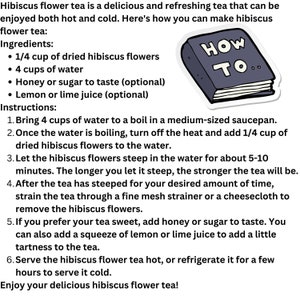 May include: A recipe for hibiscus flower tea, with ingredients and instructions. The text includes dried hibiscus flowers and water. A cartoon book with the words "HOW TO" is in the image, providing a guide to making the tea.