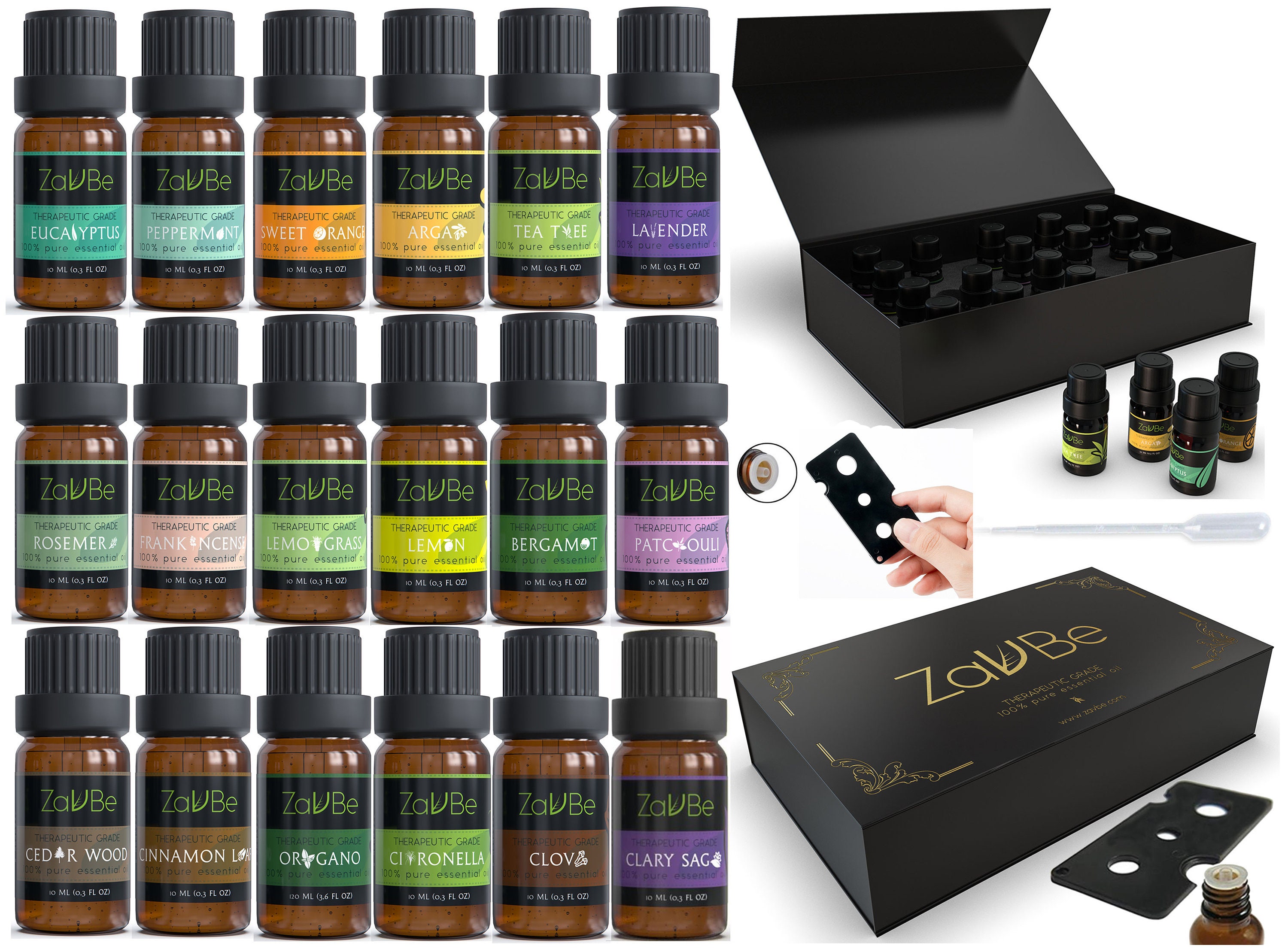 18 Essential Oil Set With 20 Hole Gift Case Diffuser Aromatherapy 100%  Therapeutic Grade Lavender Peppermint Tea Tree Frankincense Oregano 