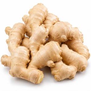 May include: A pile of fresh ginger roots, featuring a light brown, textured skin. The rhizomes are irregularly shaped with multiple knobs and protrusions, showcasing their natural form. The image is set against a clean white background.