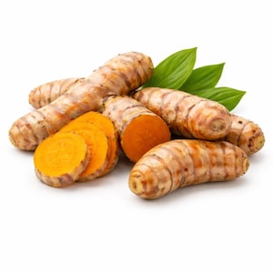 May include: A collection of fresh turmeric roots and slices, showcasing their vibrant orange flesh. The image also includes green leaves, all set against a clean white background. The turmeric has a textured, brown exterior.