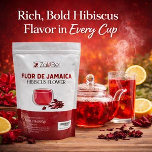 May include: A bag of "Flor de Jamaica Hibiscus Flower" tea, with a glass teapot and two glasses of tea, garnished with lemon slices. The bag contains 907g of tea. The image text reads "Rich, Bold Hibiscus Flavor in Every Cup."