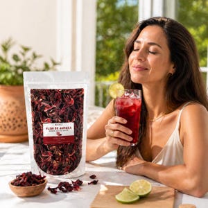 May include: A woman enjoying a refreshing hibiscus tea. A clear bag of dried hibiscus flowers sits next to a glass of the red beverage, garnished with a lime slice. A small wooden bowl of dried hibiscus flowers is also present.
