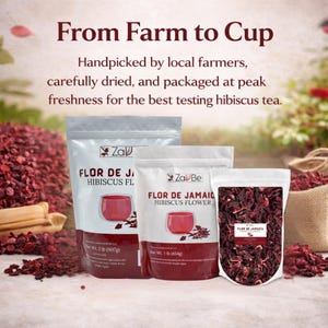 May include: Three bags of hibiscus flower tea, with the text "FLOR DE JAMAICA HIBISCUS FLOWER". The bags are silver and white, with a red cup graphic. The text "From Farm to Cup" is at the top.