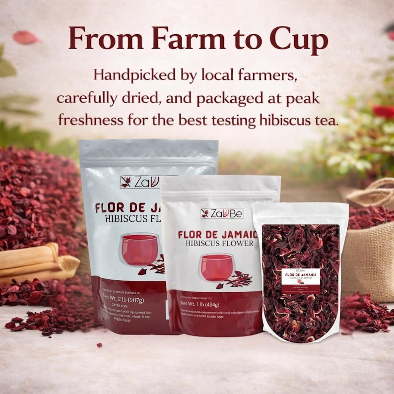 May include: Three bags of hibiscus flower tea, with the text "FLOR DE JAMAICA HIBISCUS FLOWER". The bags are silver and white, with a red cup graphic. The text "From Farm to Cup" is at the top.