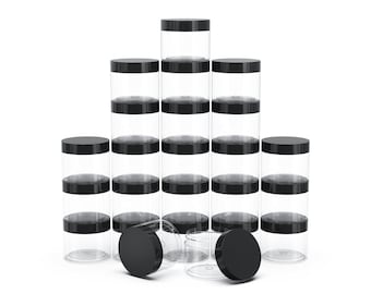 60 Pieces Clear Plastic Round Storage Jars Wide-Mouth Plastic Containers Jars with Lids for Liquid and Solid Products (Black Lid, 2 oz)