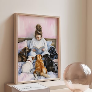 Storytime Sunday Art Print | Plakat „Dziewczynka czytająca z psami w łóżku” | Przytulny wystrój domu | Natychmiastowe pobranie