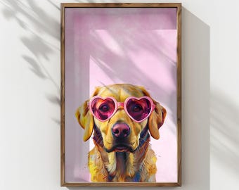 Stampa artistica di Labrador giallo con occhiali a cuore / Poster di cane Labrador Retriever / Decorazione per la casa rosa / Download immediato