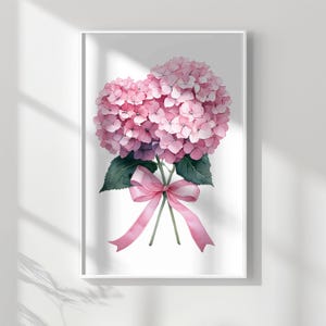 Coquette Bow Pink Hydrangea Print | Romantic Floral Art | Printable Download | Pink Decor