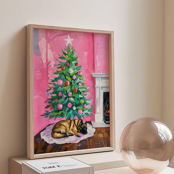 Impresión artística de perro belga malinois de color rosa caprichoso / Póster de perro / Decoración navideña para el hogar / Descarga instantánea / Decoración de dopamina